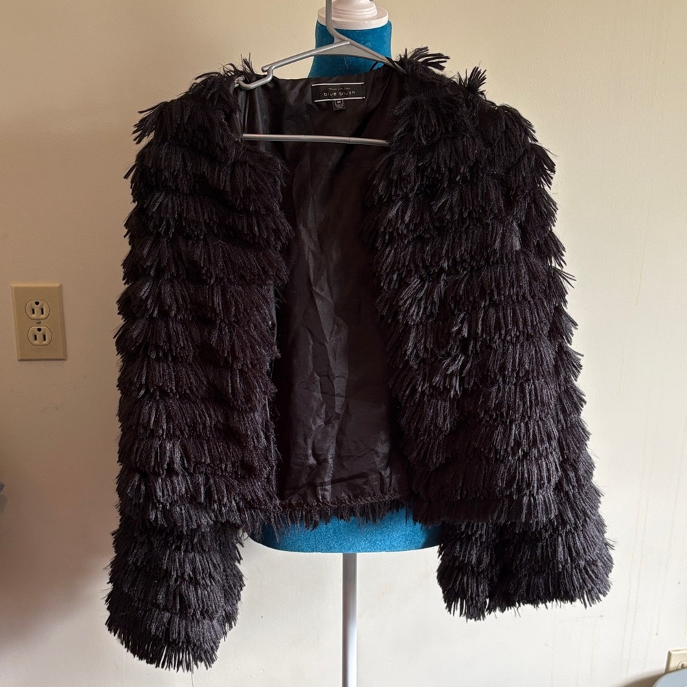 Blue Blush Black Fringe Faux-Fur Teddy Jacket